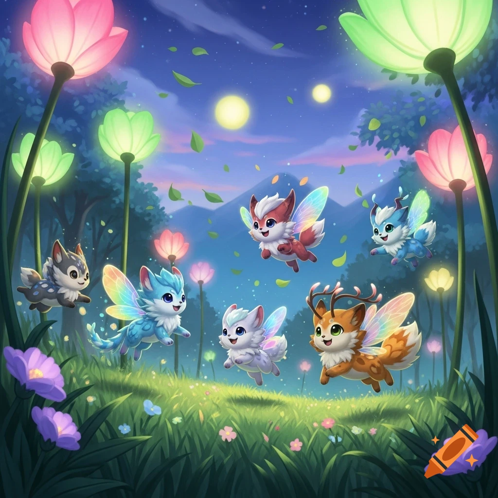 Six cute, colorful fantasy creatures with wings, some with horns, fly and frolic in a magical moonlit forest with glowing flowers and falling leaves.