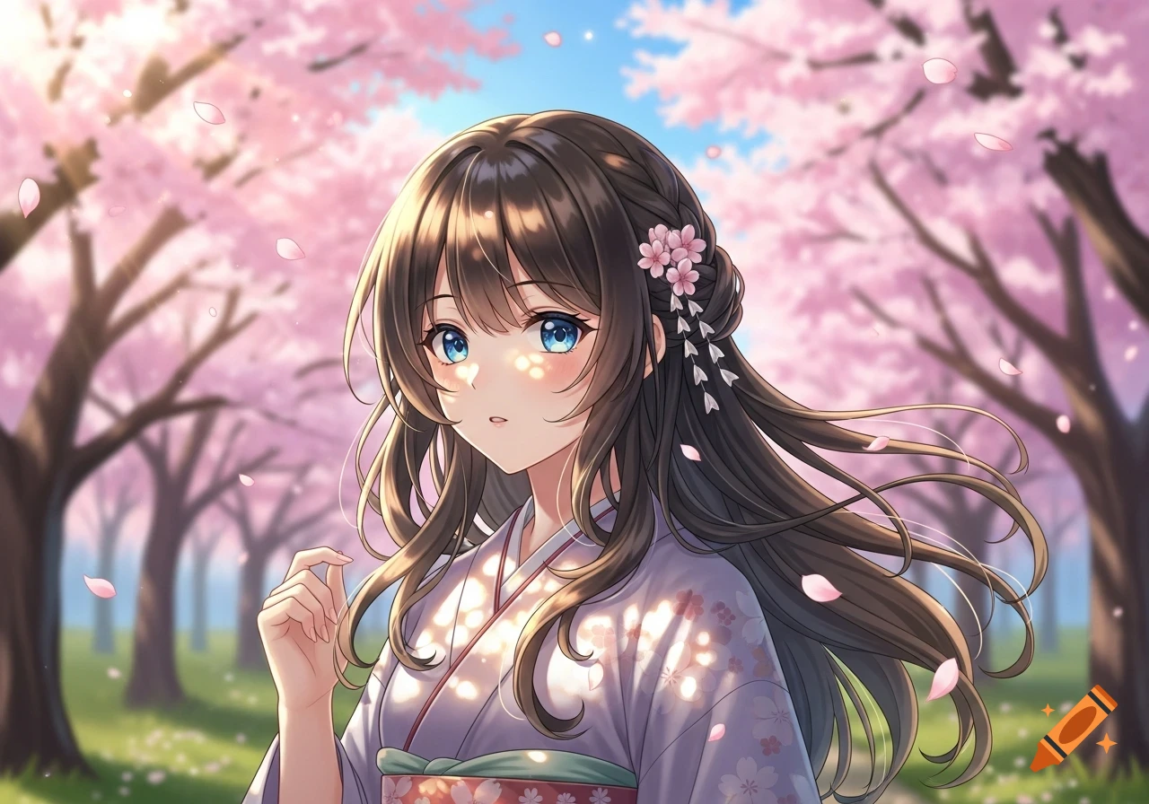 An anime girl with long dark brown hair and blue eyes, wearing a light purple kimono, stands in a vibrant cherry blossom garden with petals falling.