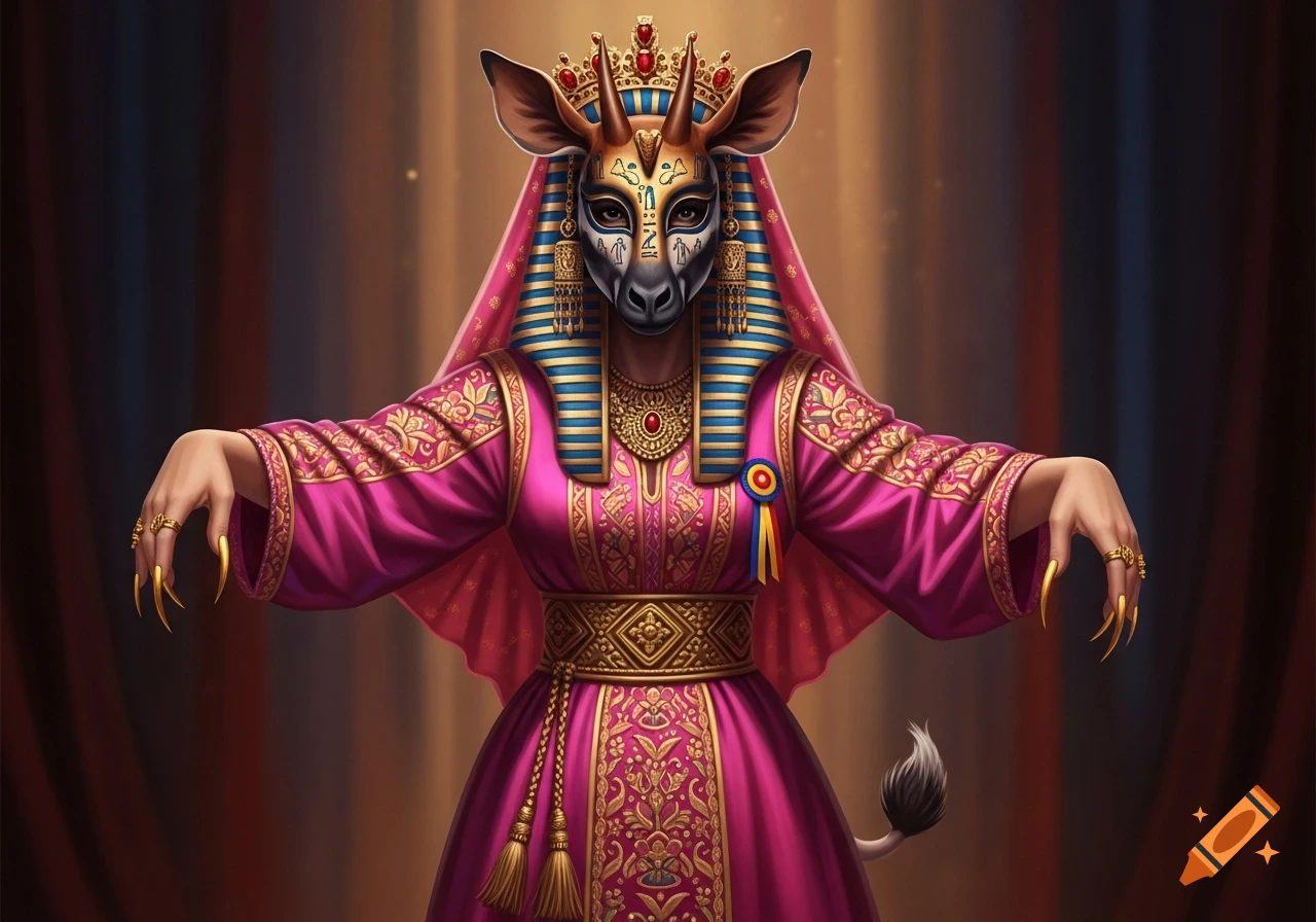 A figure in an Okapi-inspired mask with a crown, adorned in an elaborate pink and gold Egyptian and Romanian-style dress with long golden fingernails and a tail.