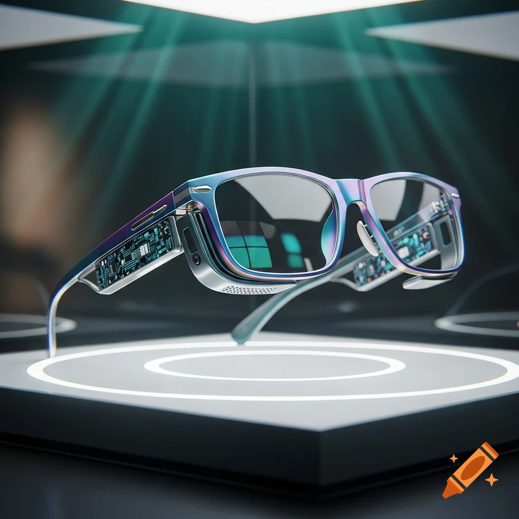 Futuristic smart glasses with exposed circuit boards floating over a glowing platform in a dark, tech environment.