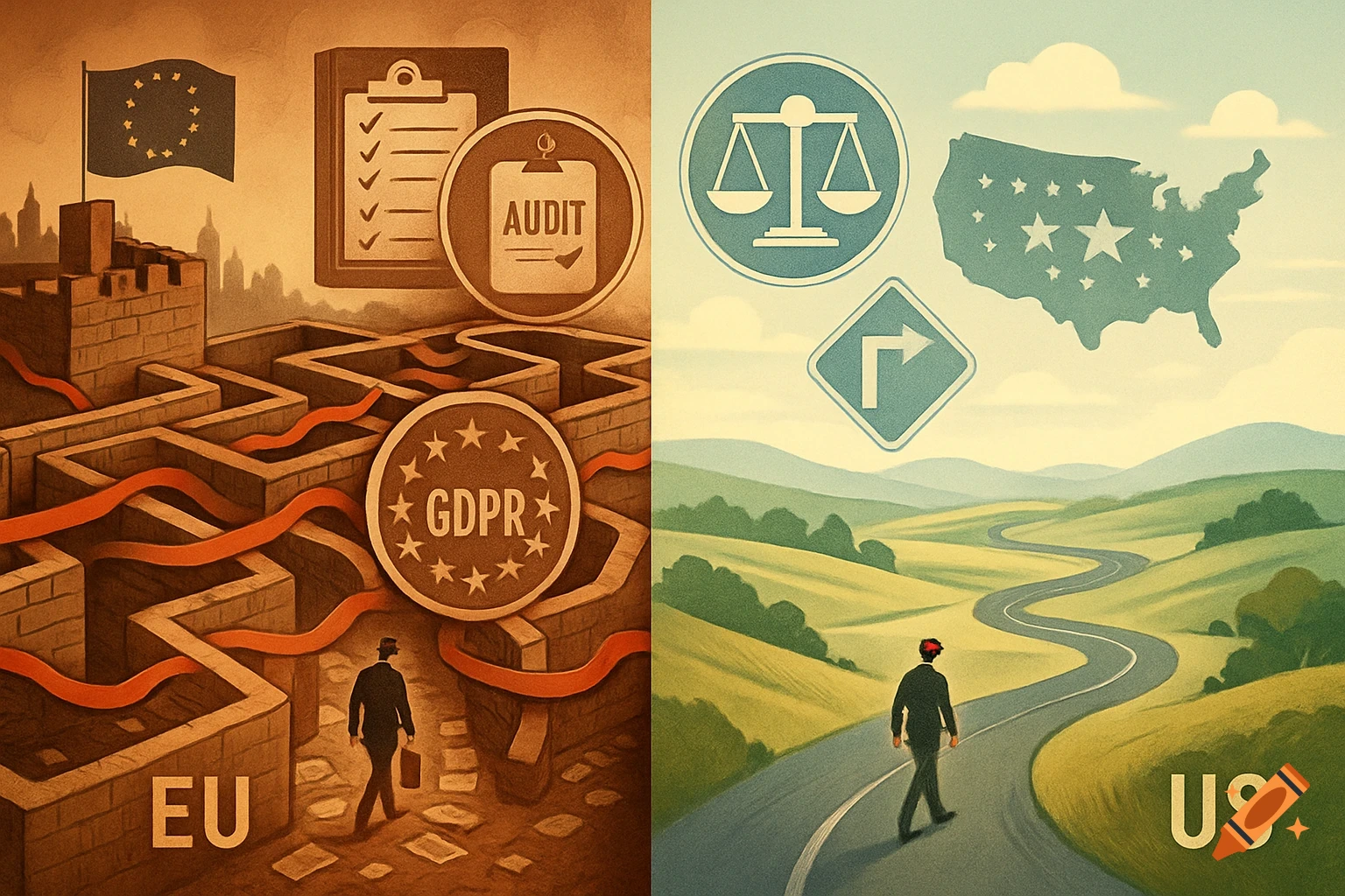 An illustration comparing EU and US compliance, with the EU side showing a complex maze and icons for 'AUDIT' and 'GDPR', and the US side showing a clear winding road through hills with icons for scales and a US map. Two figures walk through each landscape.