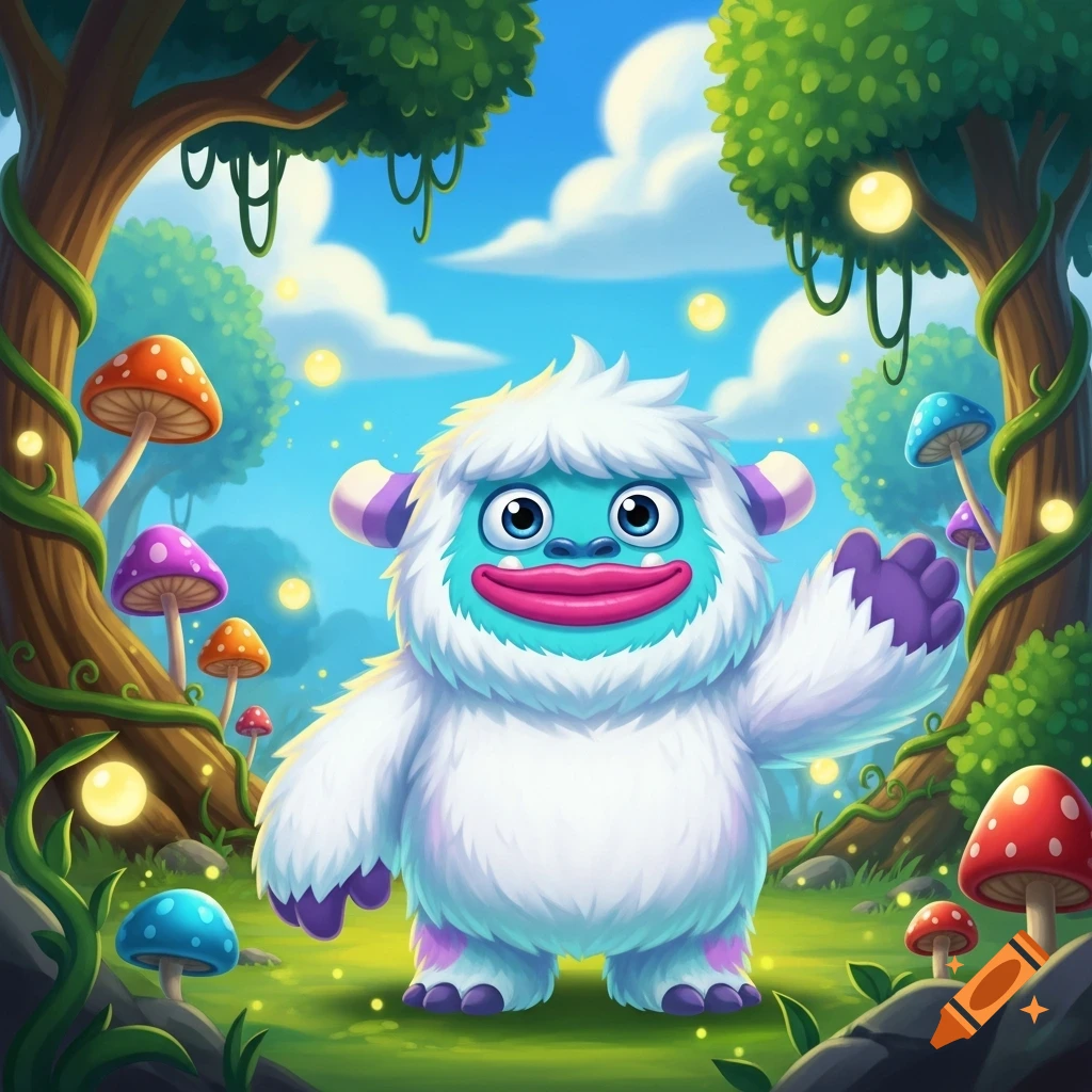 A cartoon Mammott monster with white fur and a blue face waves in a whimsical forest with colorful mushrooms and glowing lights.