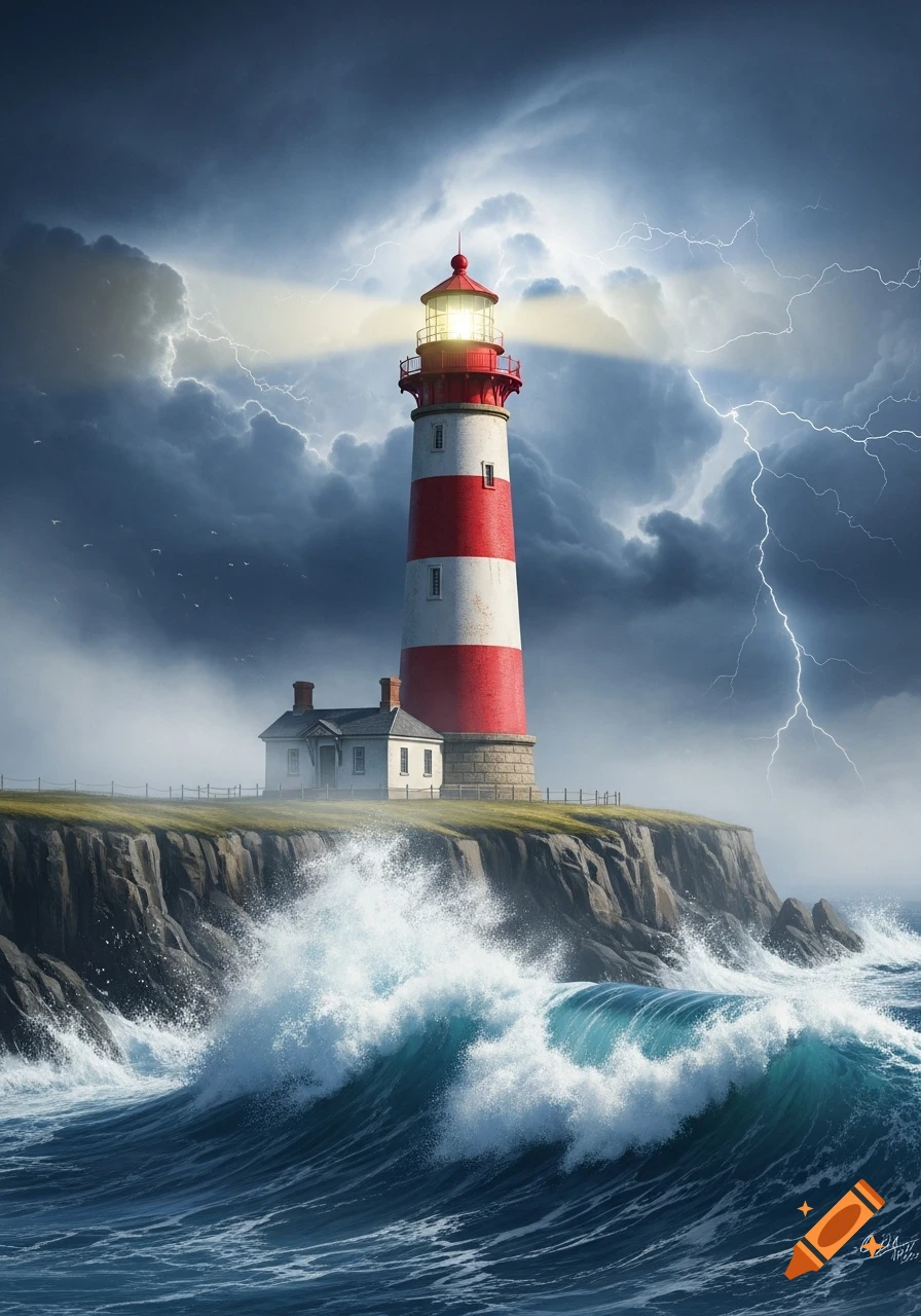 A red and white striped lighthouse stands on a grassy cliff overlooking a stormy sea with crashing waves and lightning in dark clouds.