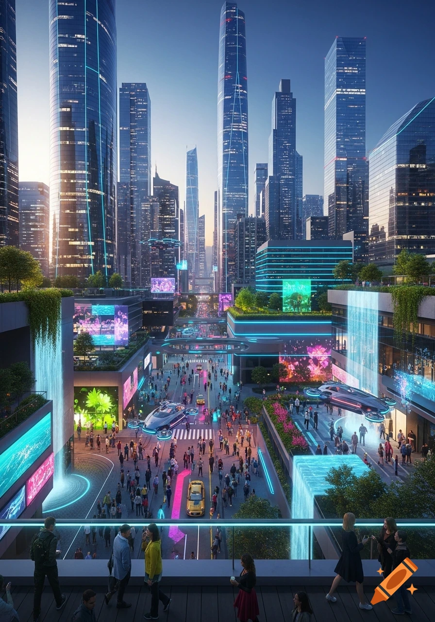 A bustling futuristic city at twilight with towering skyscrapers, neon lights, busy streets filled with people, and flying vehicles.