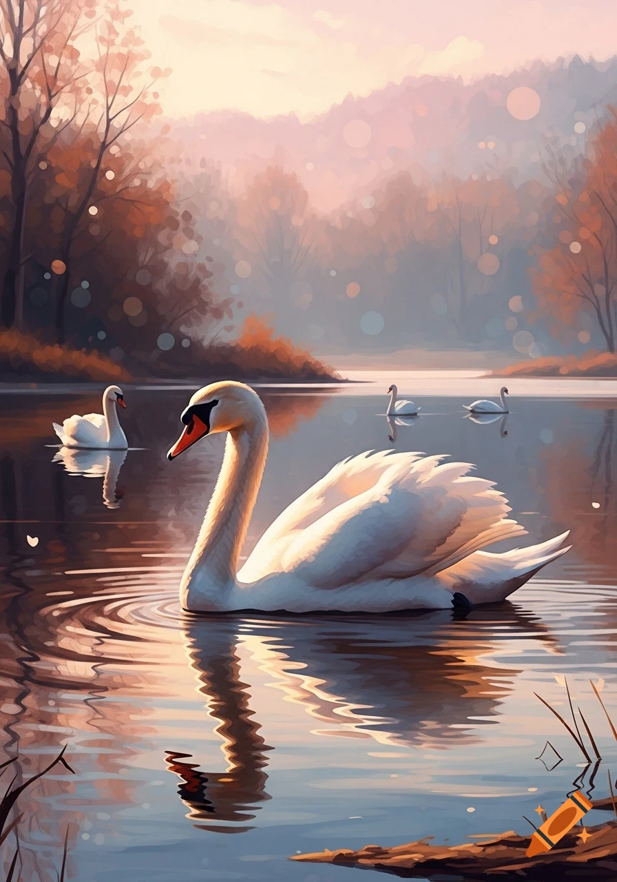 Impressionistic painting of white swans gracefully swimming on a serene lake at golden hour, surrounded by warm-toned trees.