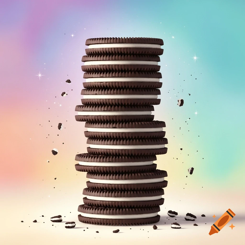 A tall stack of chocolate sandwich cookies with white cream filling against a pastel rainbow background with sparkles and crumbs.