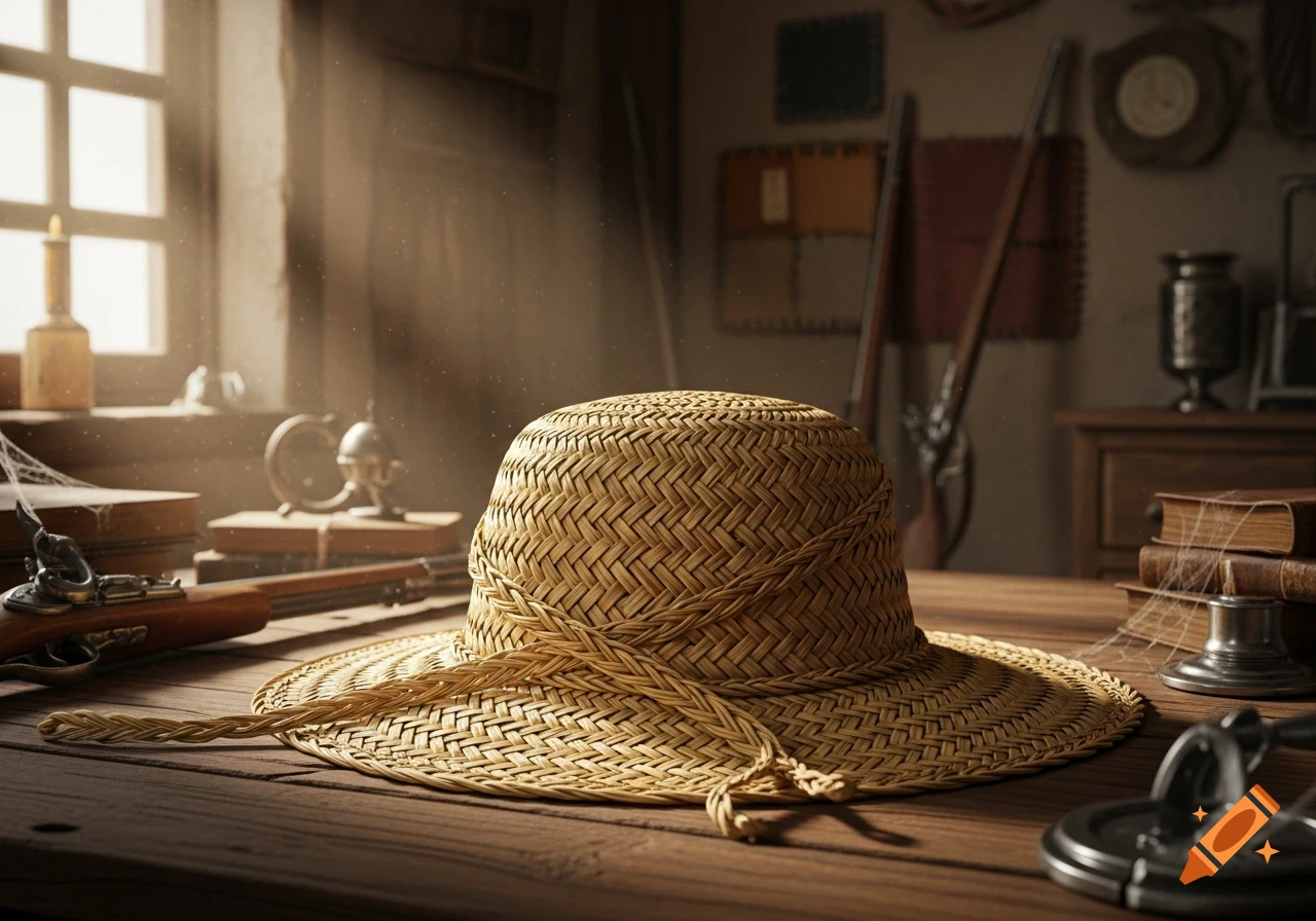 A photorealistic straw hat on a dusty wooden desk with an antique pistol, old books, and a candle, bathed in sunlight.