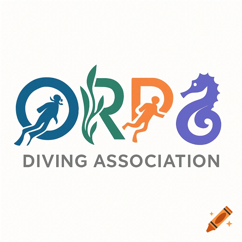 Stylized ORPA Diving Association logo with a diver, leaves, a child diver, and a seahorse, in blue, green, orange, and purple.