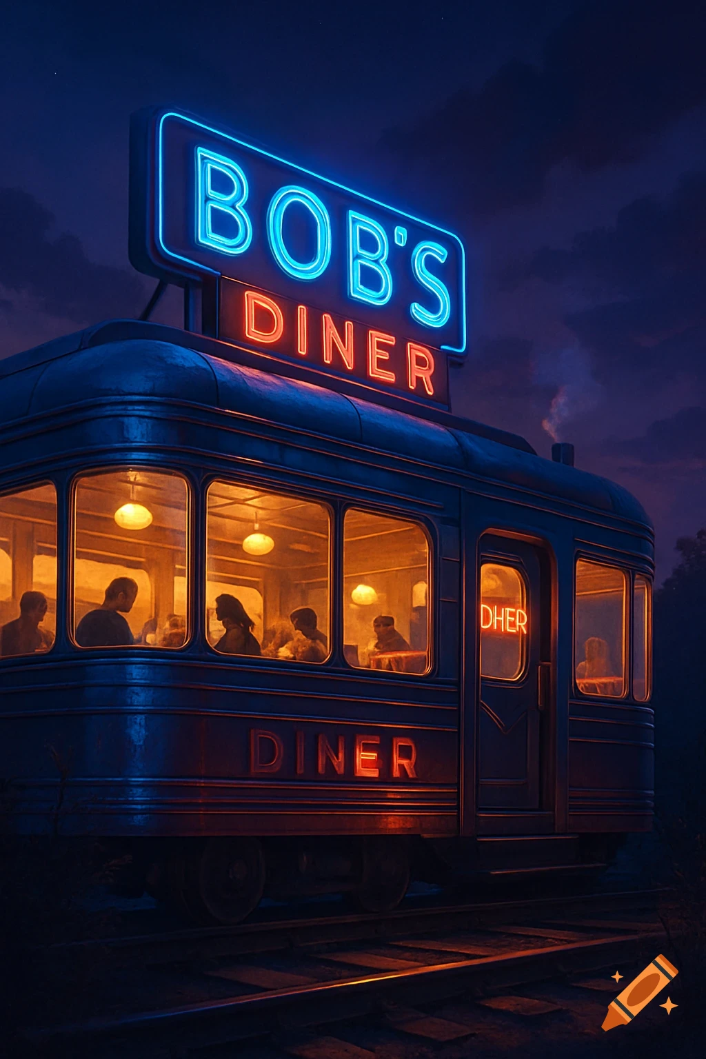 A retro train car diner with bright blue and red neon signs, "BOB'S DINER", sits on tracks at night with patrons visible inside.