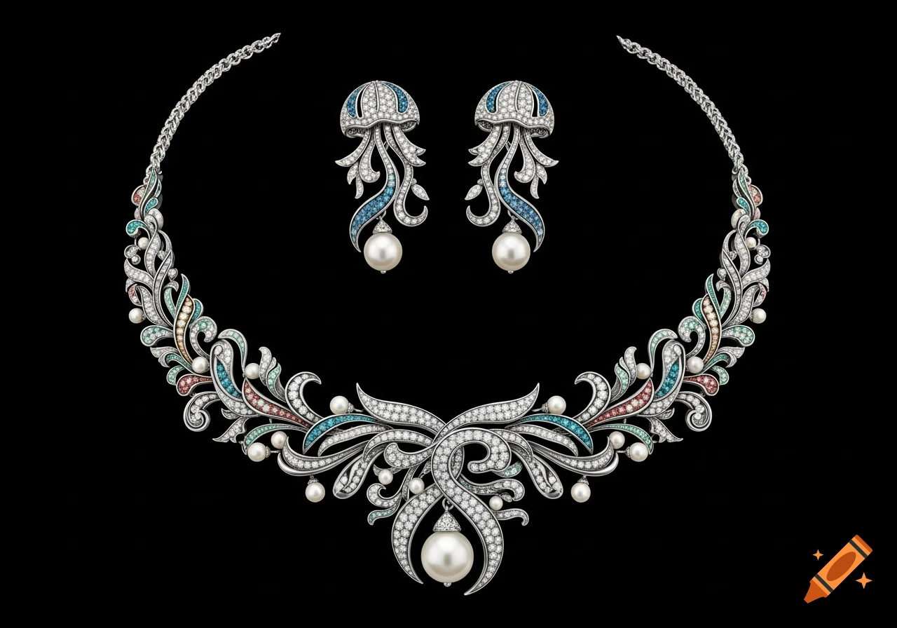 A stunning jewelry set featuring a necklace and matching jellyfish-inspired earrings, adorned with diamonds, colorful gemstones, and pearls on a black background.