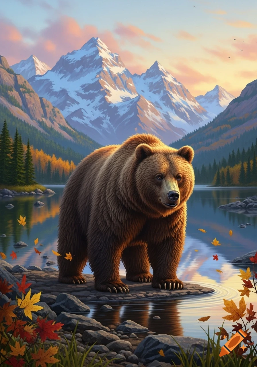 A vibrant digital illustration of a brown bear standing on rocks beside a lake, with snow-capped mountains and autumn trees under a sunset sky.