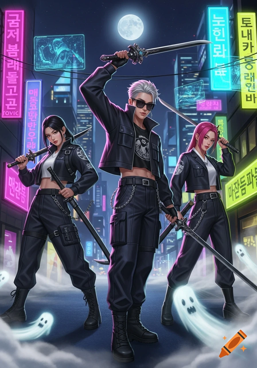 Three K-pop style demon hunters in black tactical outfits with swords stand in a neon-lit city street at night, with small ghosts floating around them.