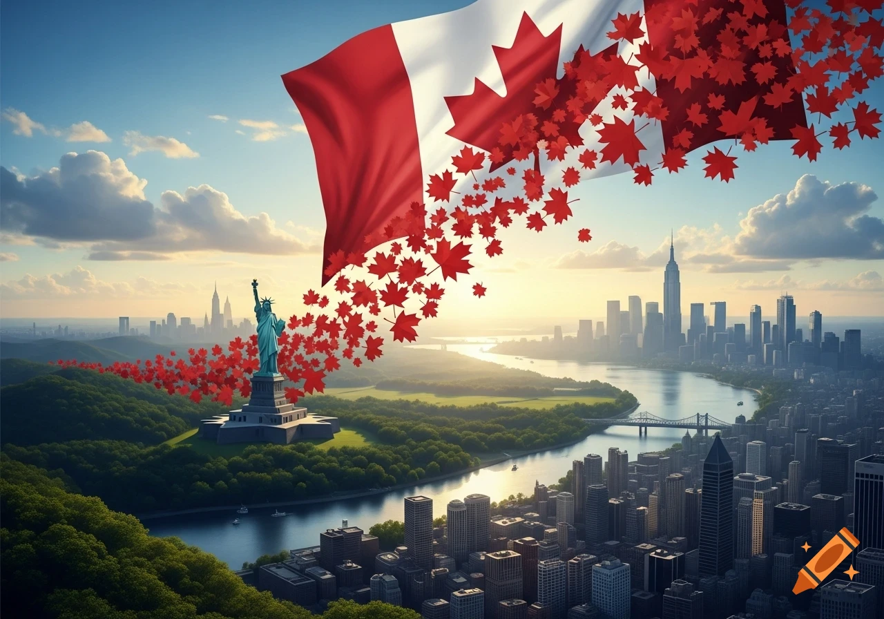 A large Canadian flag waves above the Statue of Liberty and a city skyline at sunset, with red maple leaves streaming from the flag.