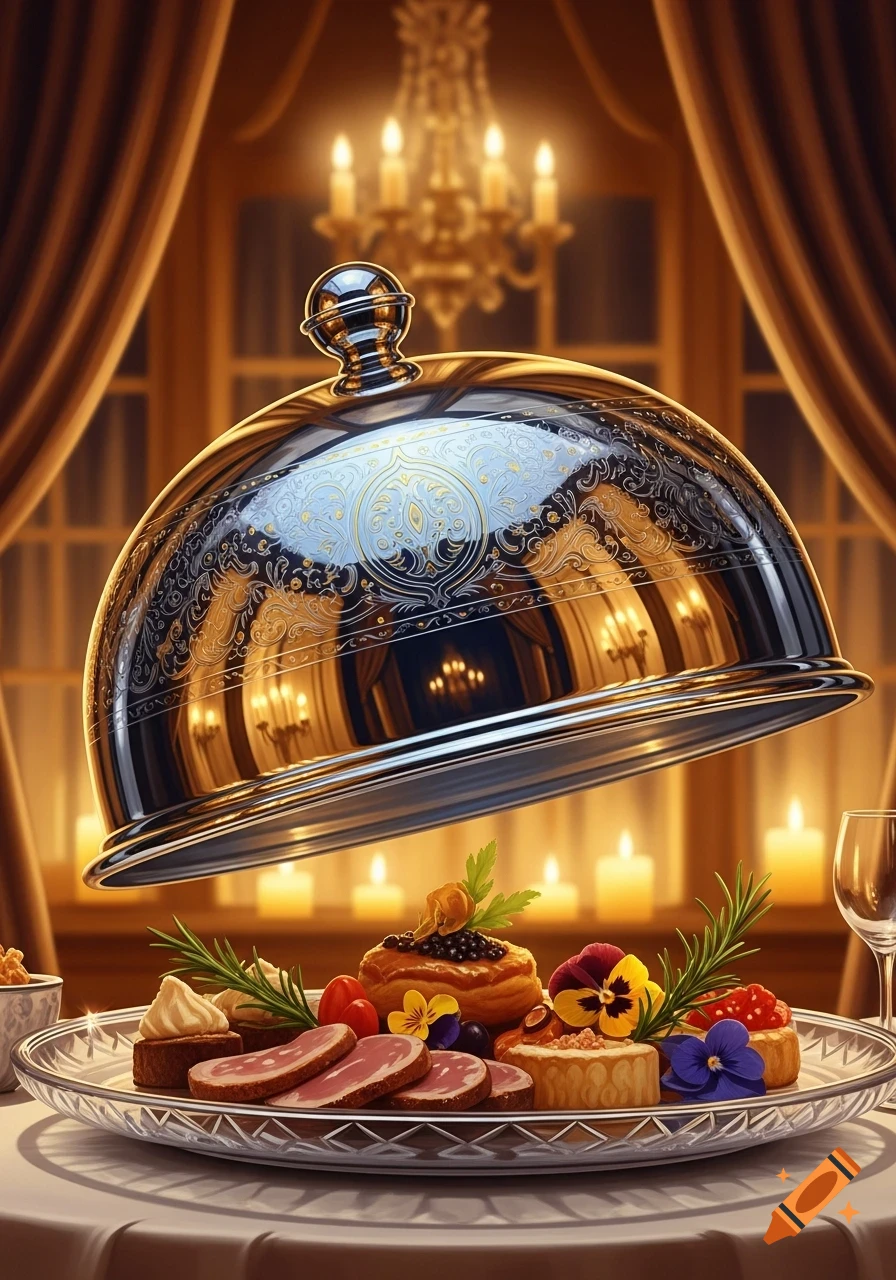 A silver cloche is lifted, revealing an ornate platter of gourmet appetizers like sliced meat and pastries in a candlelit dining room.