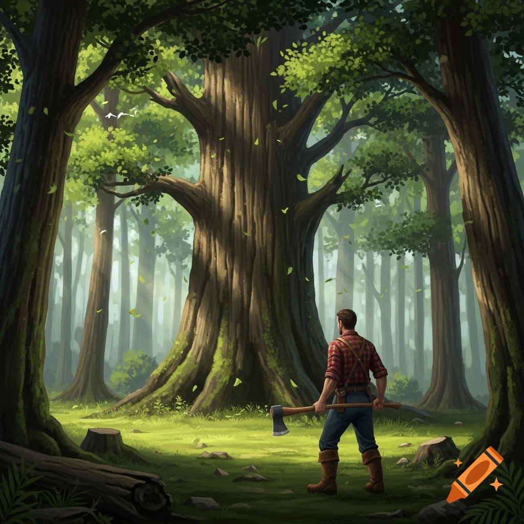 A lumberjack in a plaid shirt holds an axe, looking at a giant tree in a lush, sunlit forest. Illustrated.