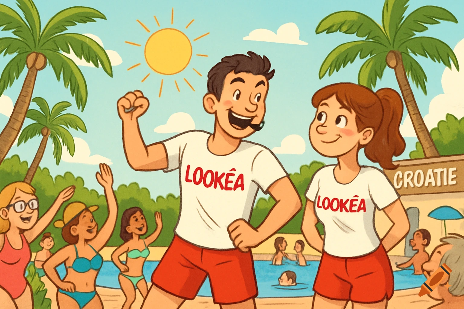 A cartoon illustration of two resort staff in "Lookéa" t-shirts and red shorts leading a fitness class on a sunny beach with palm trees and a sign for Croatia.