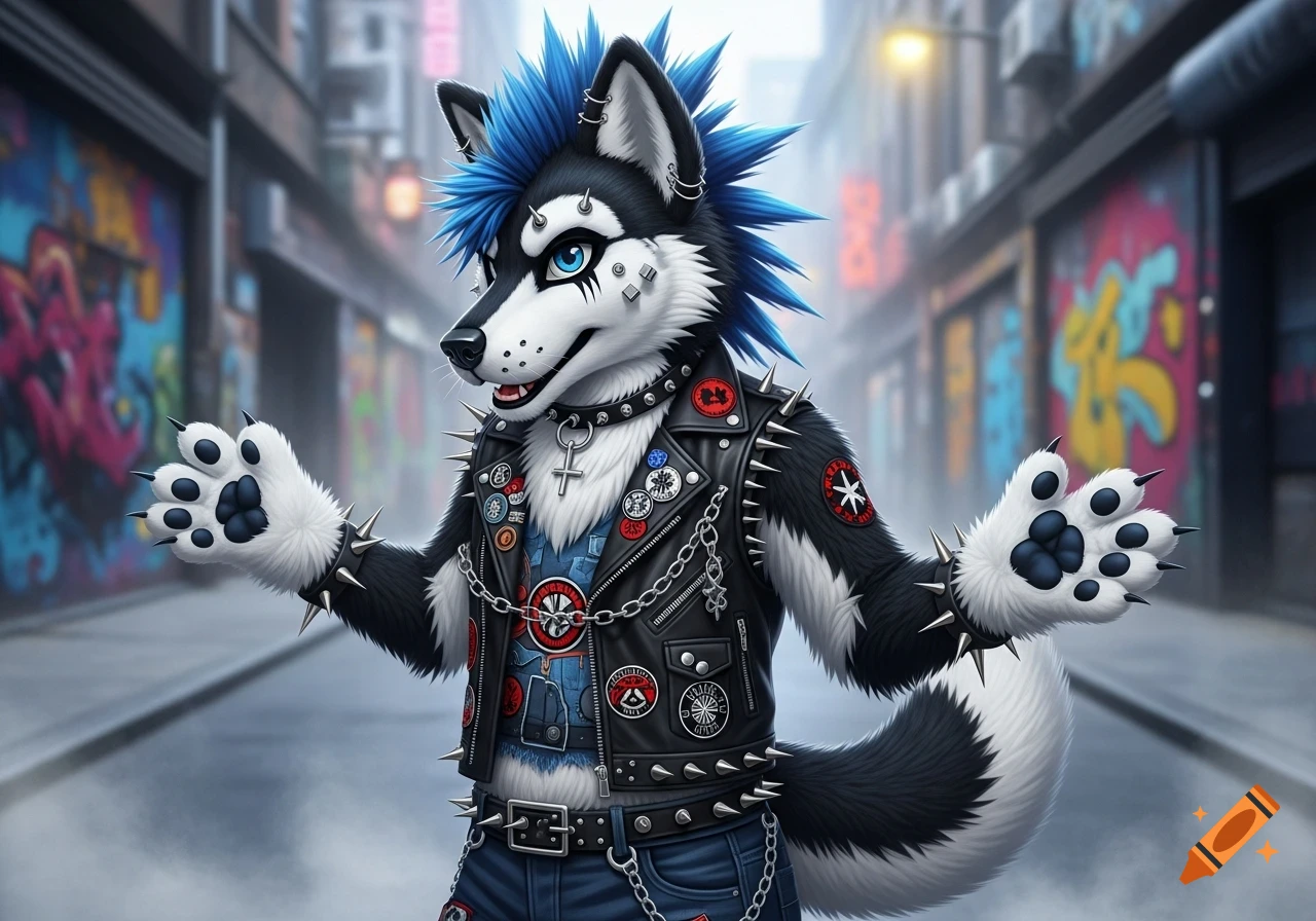 A black and white husky with blue punk hair, wearing a spiked leather jacket and chains, standing in a graffiti-covered alley.