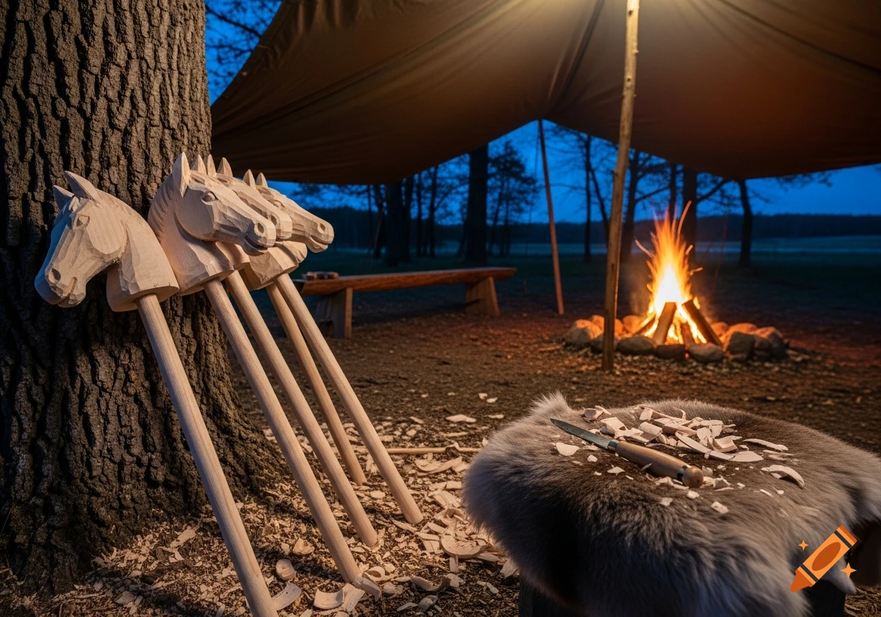 Photorealistic image of unfinished wooden horse heads, carving tools, wood shavings, and a campfire in a rustic outdoor scene at dusk under a tarp.