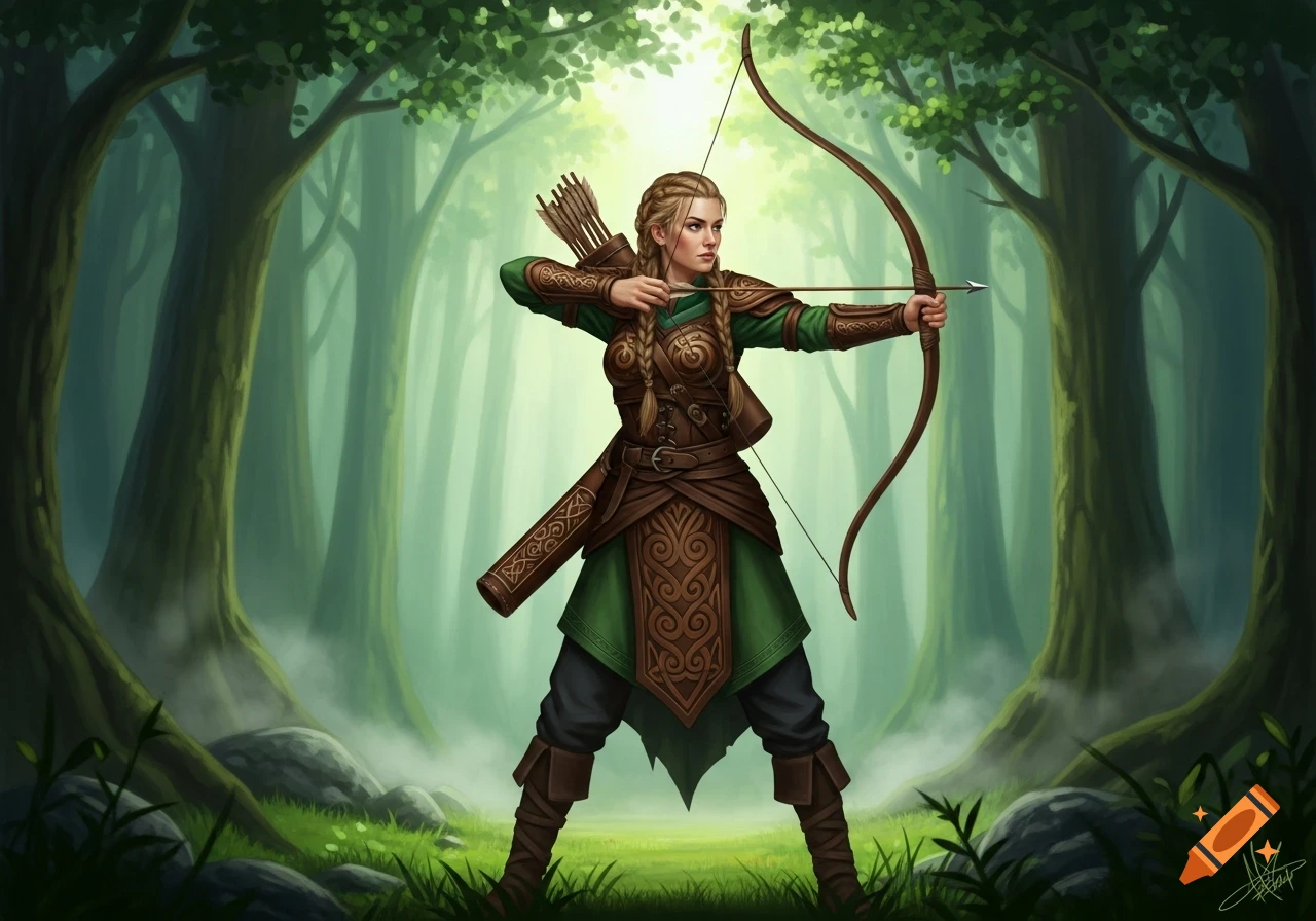 A female archer with braided blonde hair in medieval-style green and brown armor, aiming a bow in a lush forest.