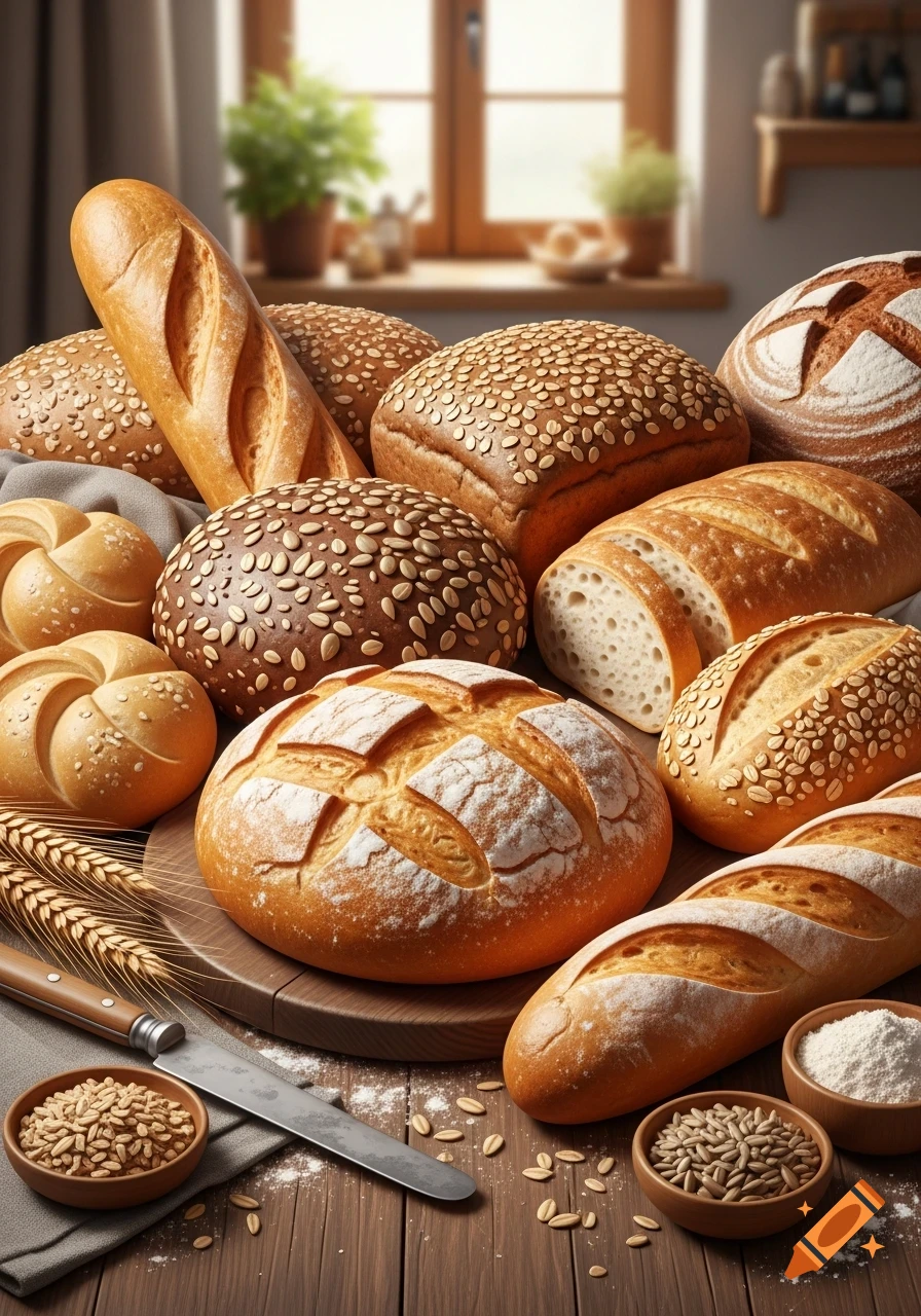 A bountiful spread of various freshly baked breads, rolls, and grain loaves, accompanied by wheat stalks, a knife, and bowls of seeds on a wooden table.