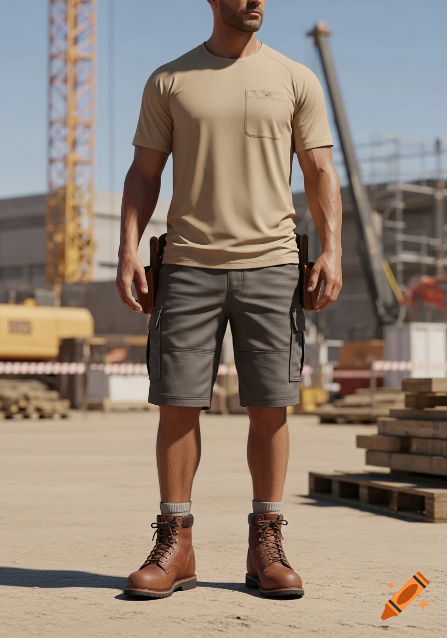 A man in a tan t-shirt, grey cargo shorts, and brown work boots stands at a construction site. Photorealistic.