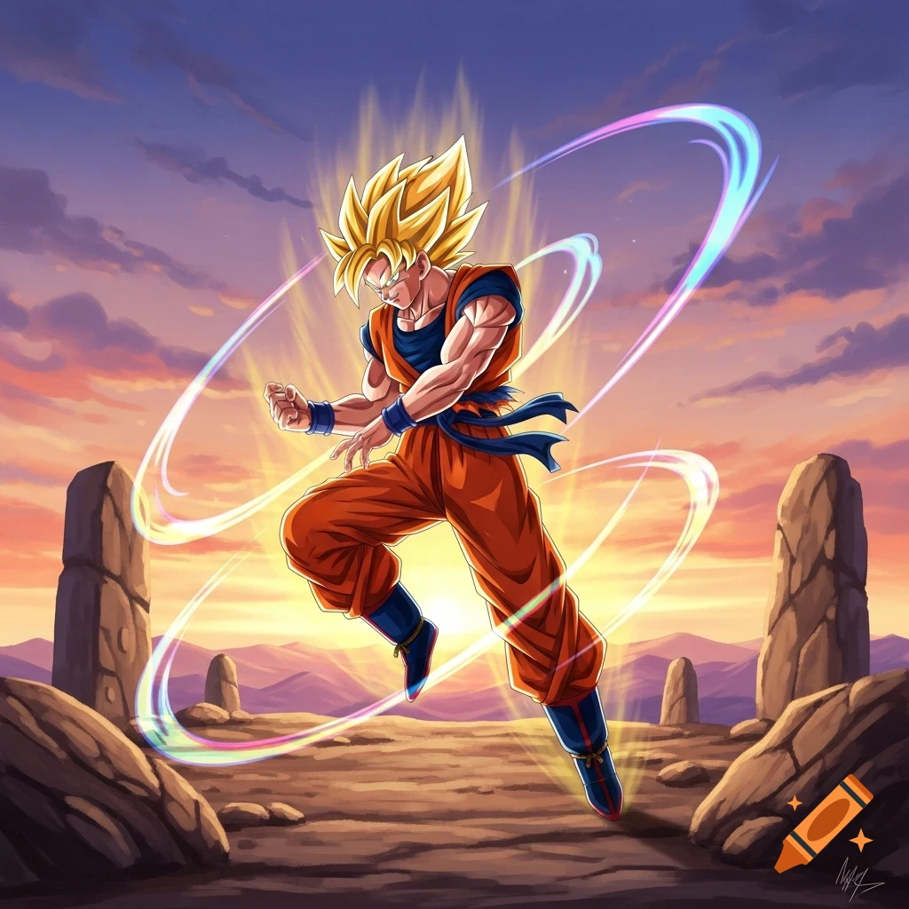 Super Saiyan Goku with golden aura and energy rings, leaping above a rocky sunset landscape in anime style.
