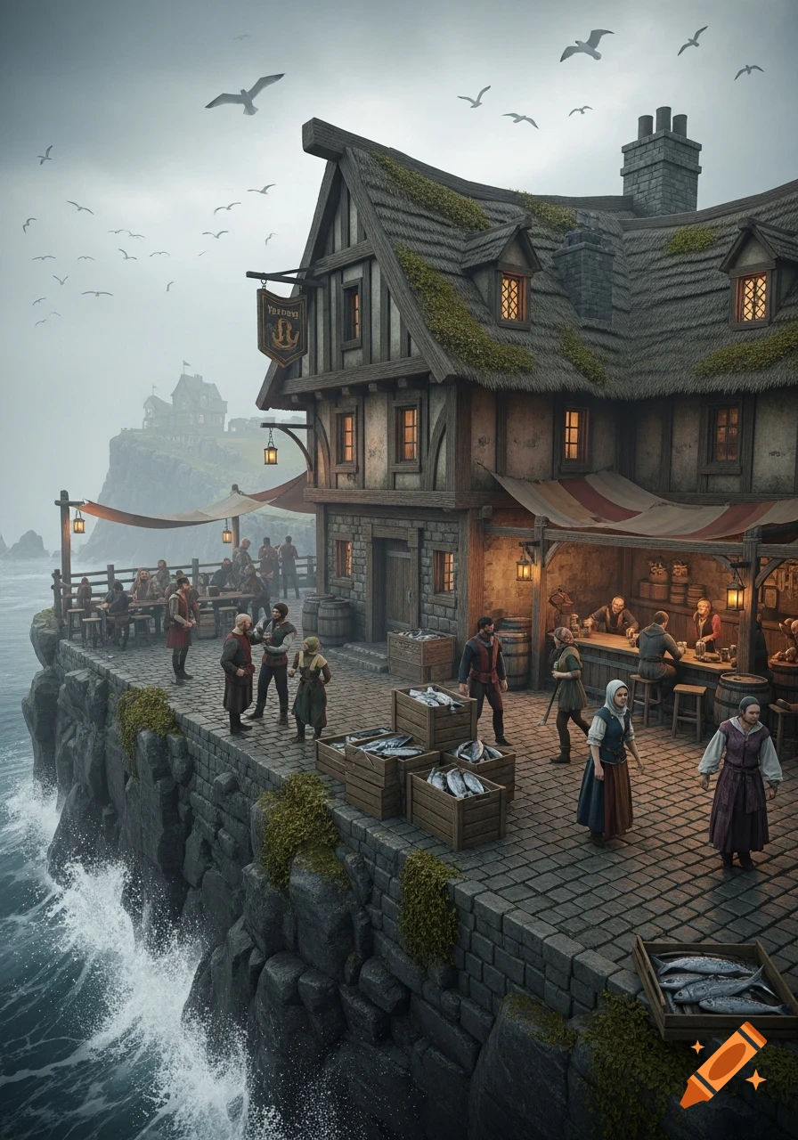 A bustling medieval tavern built on a cliff edge by a stormy sea, with people, fish crates, and gulls flying under a grey sky.