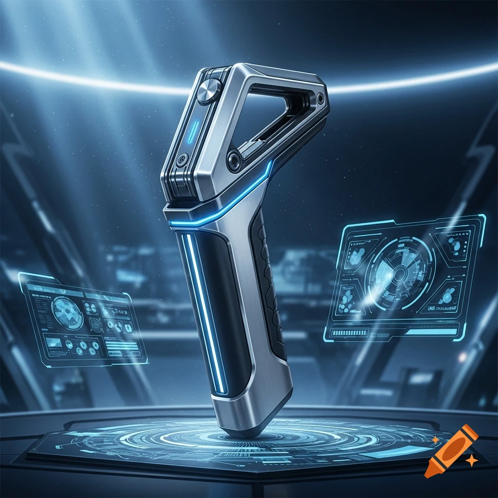 Sleek, futuristic silver and black tool with blue light accents on a glowing platform, surrounded by holographic screens in a dark, high-tech setting.