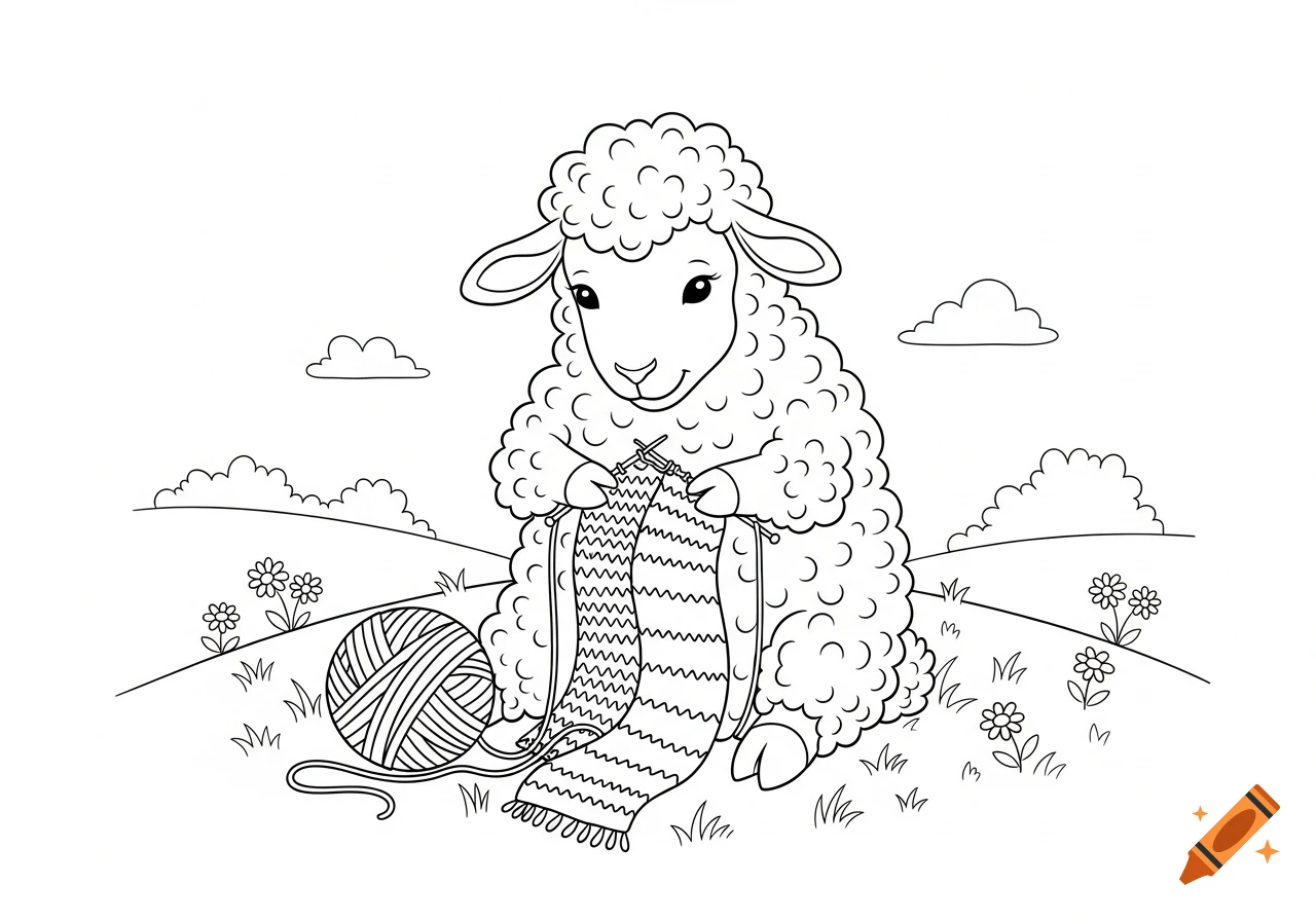 A cute cartoon sheep sits in a grassy field, diligently knitting a long striped scarf. A ball of yarn rests nearby. Black and white line art coloring page.