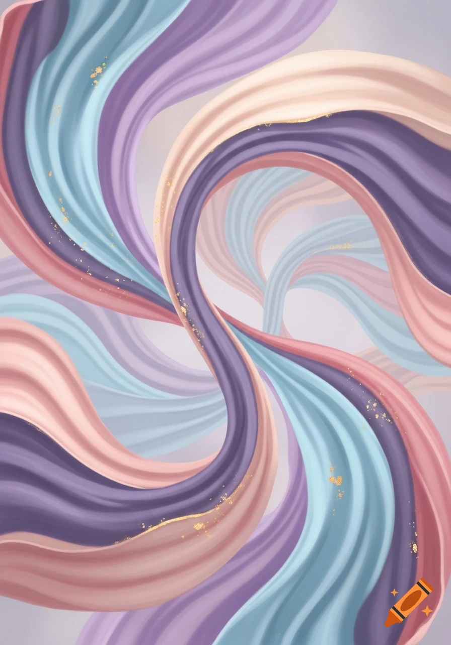 Abstract art with flowing, wavy ribbons in pastel colors like purple, blue, pink, and peach, accented with subtle gold speckles.