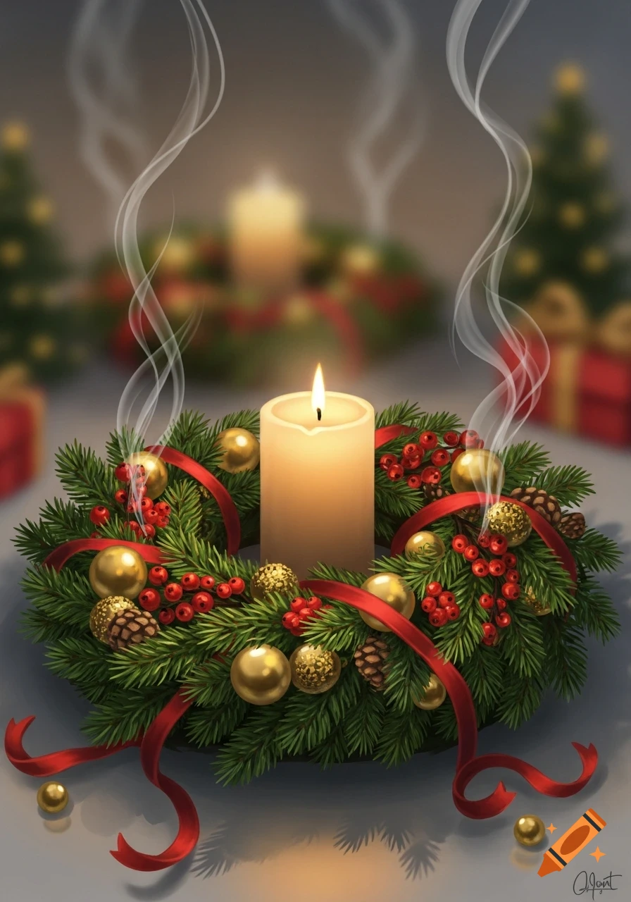An illuminated Advent wreath with a lit candle, red ribbons, golden ornaments, and pinecones, with smoke rising from two extinguished candles.