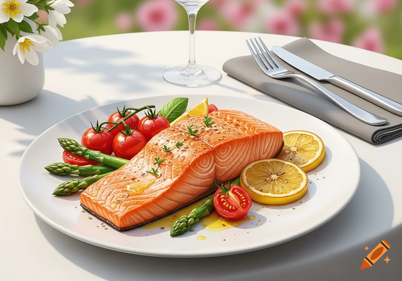 A plate of cooked salmon with asparagus, cherry tomatoes, and lemon slices on a white table outdoors.