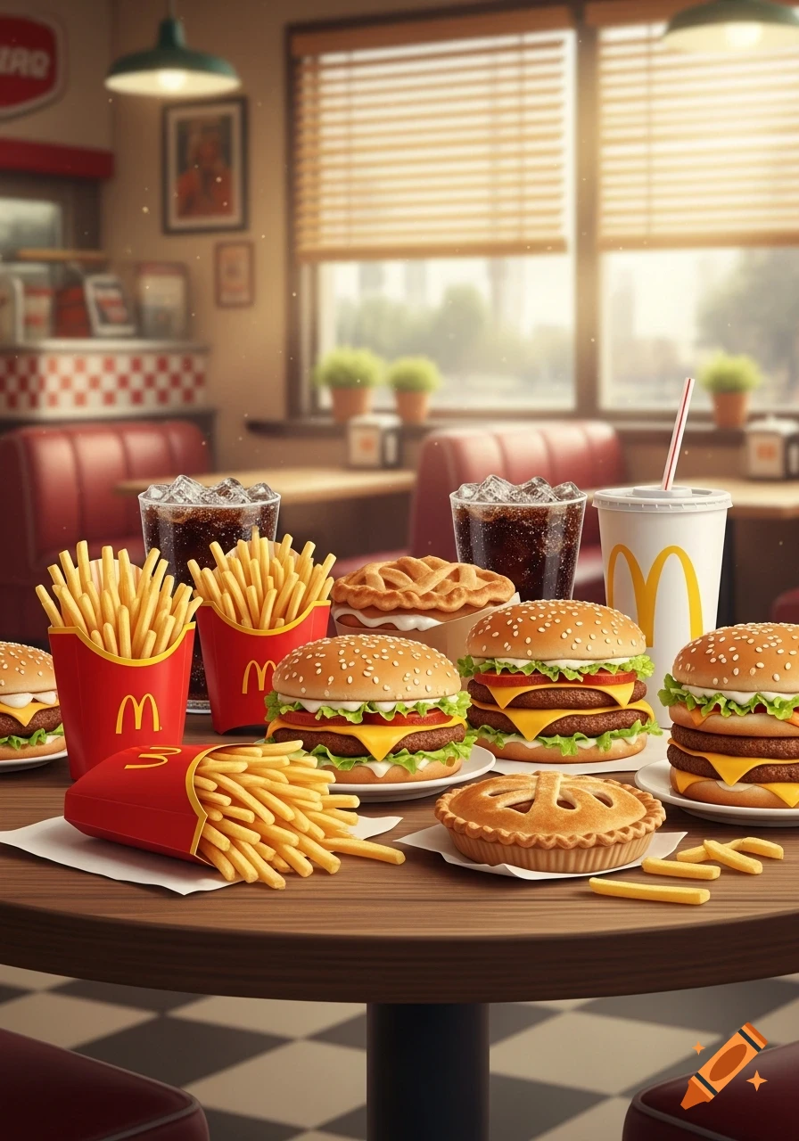 A table laden with fast food including burgers, fries in red McDonald's packaging, pies, and soft drinks in a restaurant setting. The style is photorealistic.