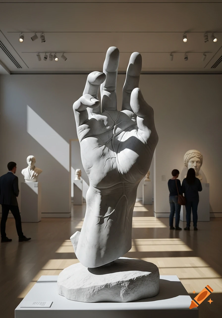 A large, detailed white marble hand sculpture with prominent veins stands in a bright museum gallery, with visitors and other busts in the background.