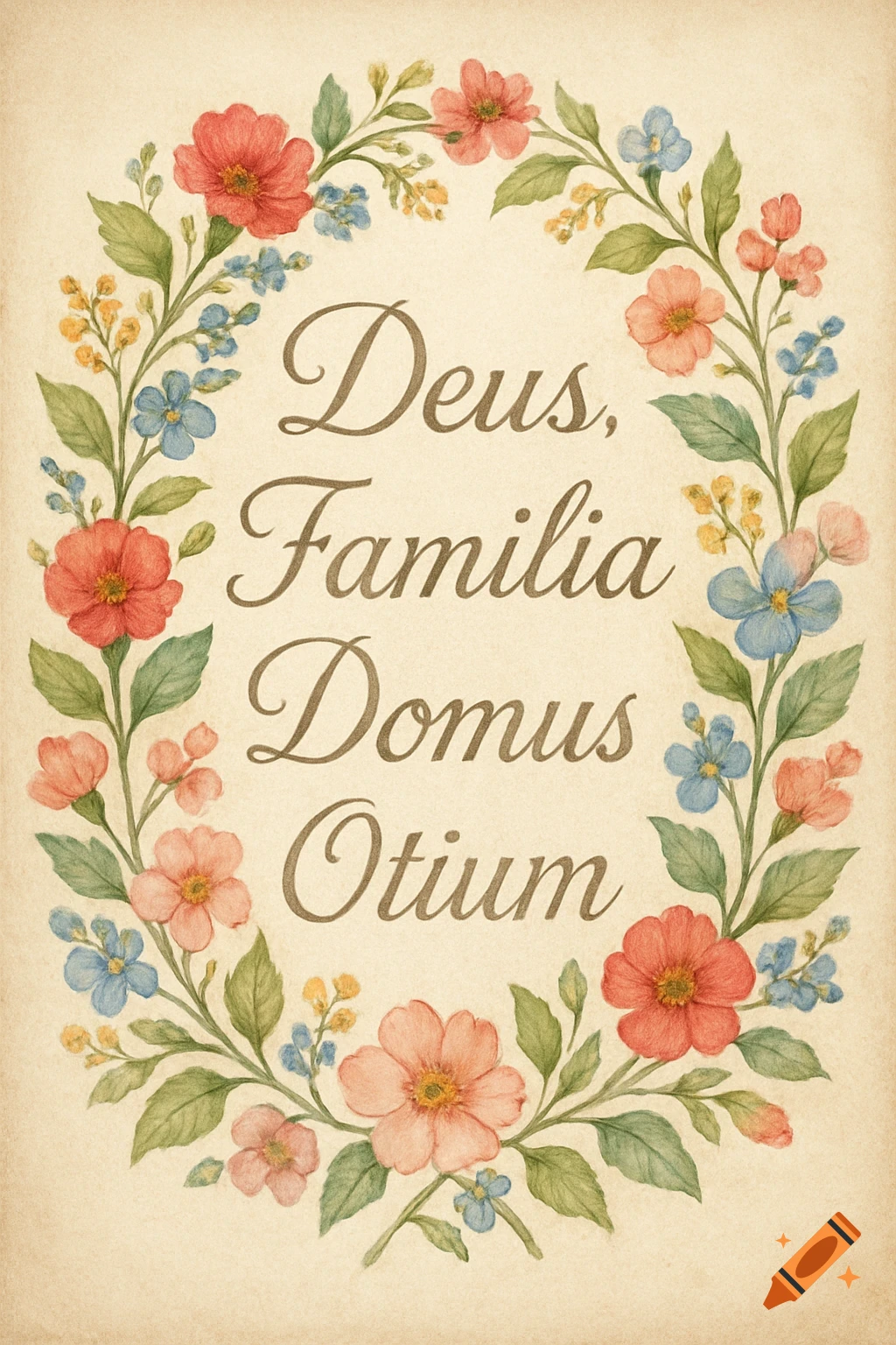 A watercolor floral wreath with red, pink, and blue flowers on textured paper, enclosing brown script text 'Deus, Familia Domus Otium'.
