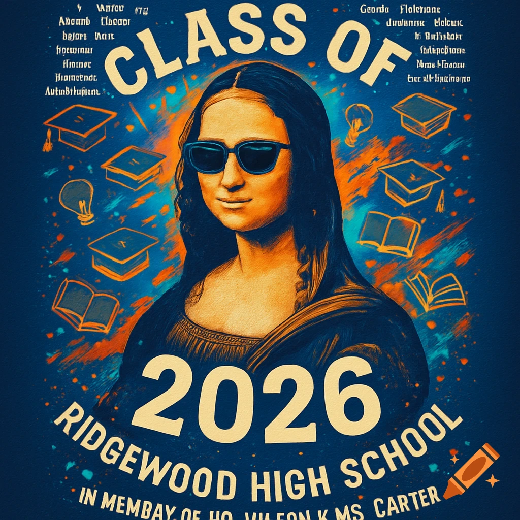 A pop art style image of Mona Lisa wearing sunglasses, surrounded by graduation caps, books, and lightbulbs, with text "CLASS OF 2026 RIDGEWOOD HIGH SCHOOL".