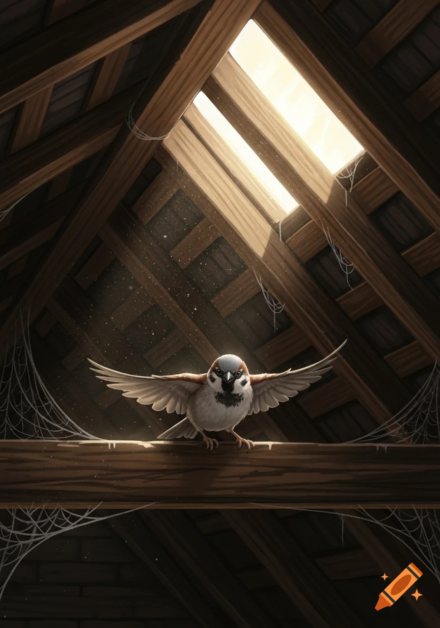 A sparrow with spread wings perches on a dusty attic beam, illuminated by a skylight. Detailed illustration.