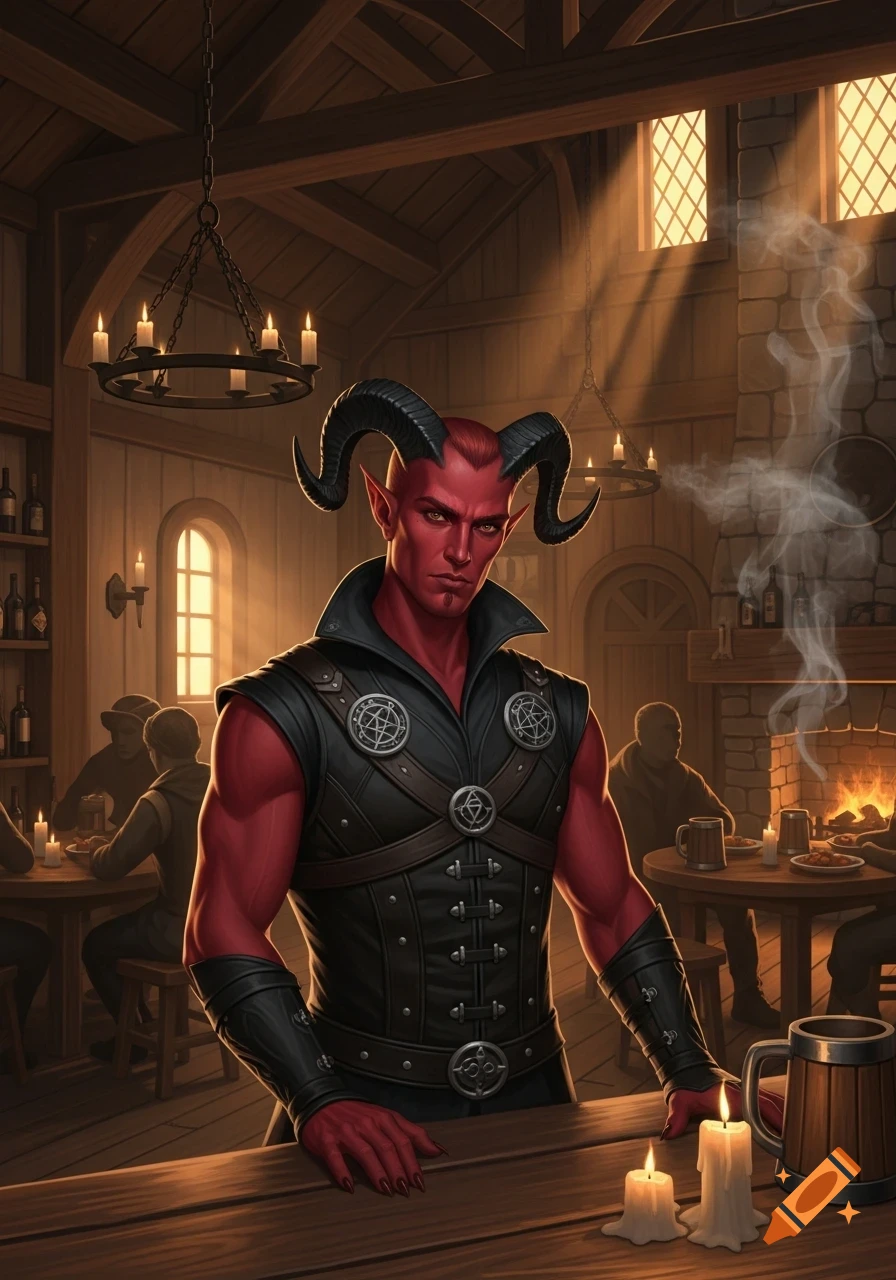 A red-skinned tiefling man with black horns stands at a wooden bar in a rustic tavern, in a detailed digital painting.