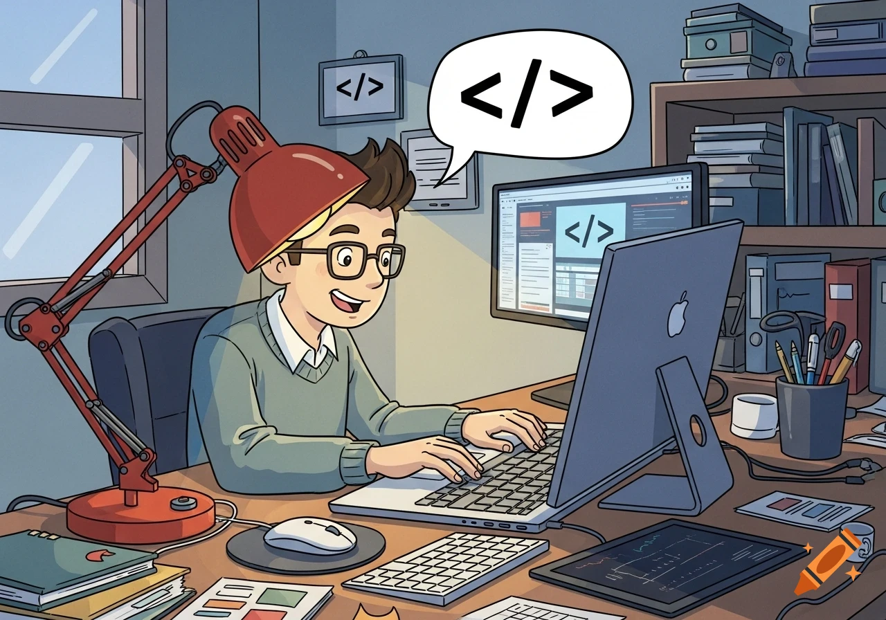 A cartoon illustration of a smiling man wearing glasses, sitting at a desk with a laptop and monitor, a coding symbol in a speech bubble.