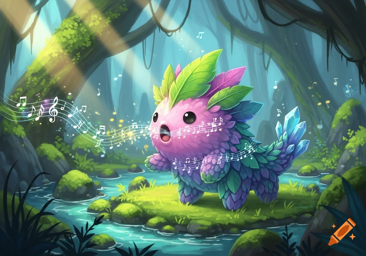 A cute, pink and purple monster with leaf-like fur and crystal spikes on its tail sings in a vibrant, lush forest next to a stream, with musical notes floating around it in a stylized art style.