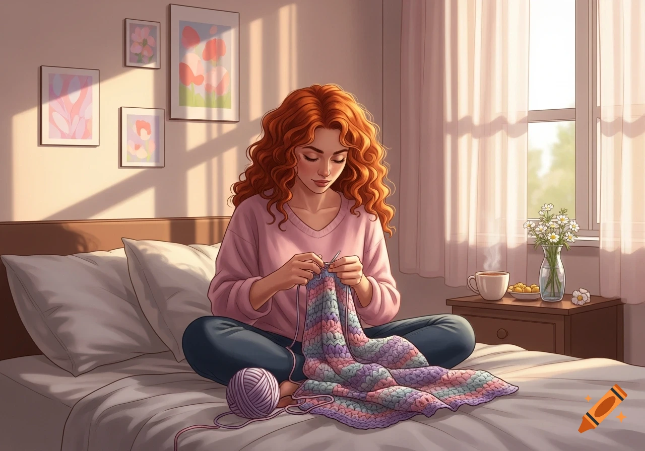 A red-haired woman sits cross-legged on a bed, crocheting a colorful blanket in a sunny room with framed art.