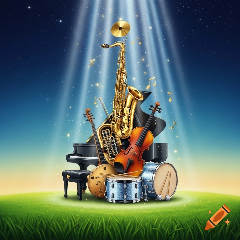 Golden saxophone, violin, piano, and drums piled on lush green grass under spotlights from a starry night sky.
