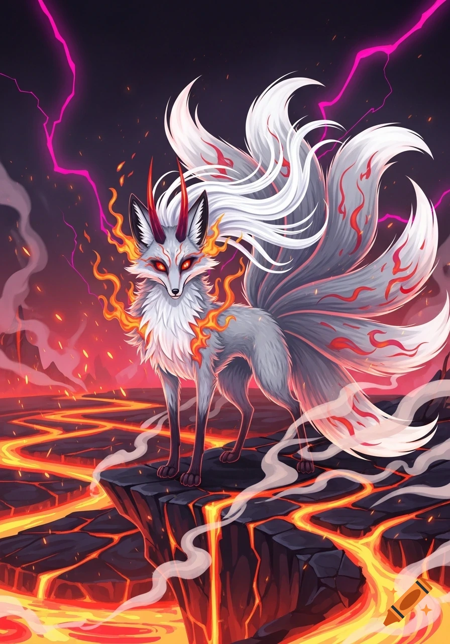 Stylized white demon fox with red horns and glowing eyes, standing on volcanic rocks amidst flowing lava and pink lightning in an anime art style.
