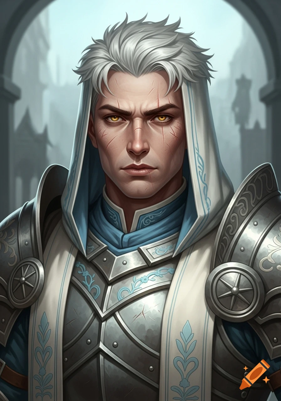Close-up portrait of a stern-faced male paladin with white hair, golden eyes, and facial scars, wearing ornate silver armor and white and blue robes.
