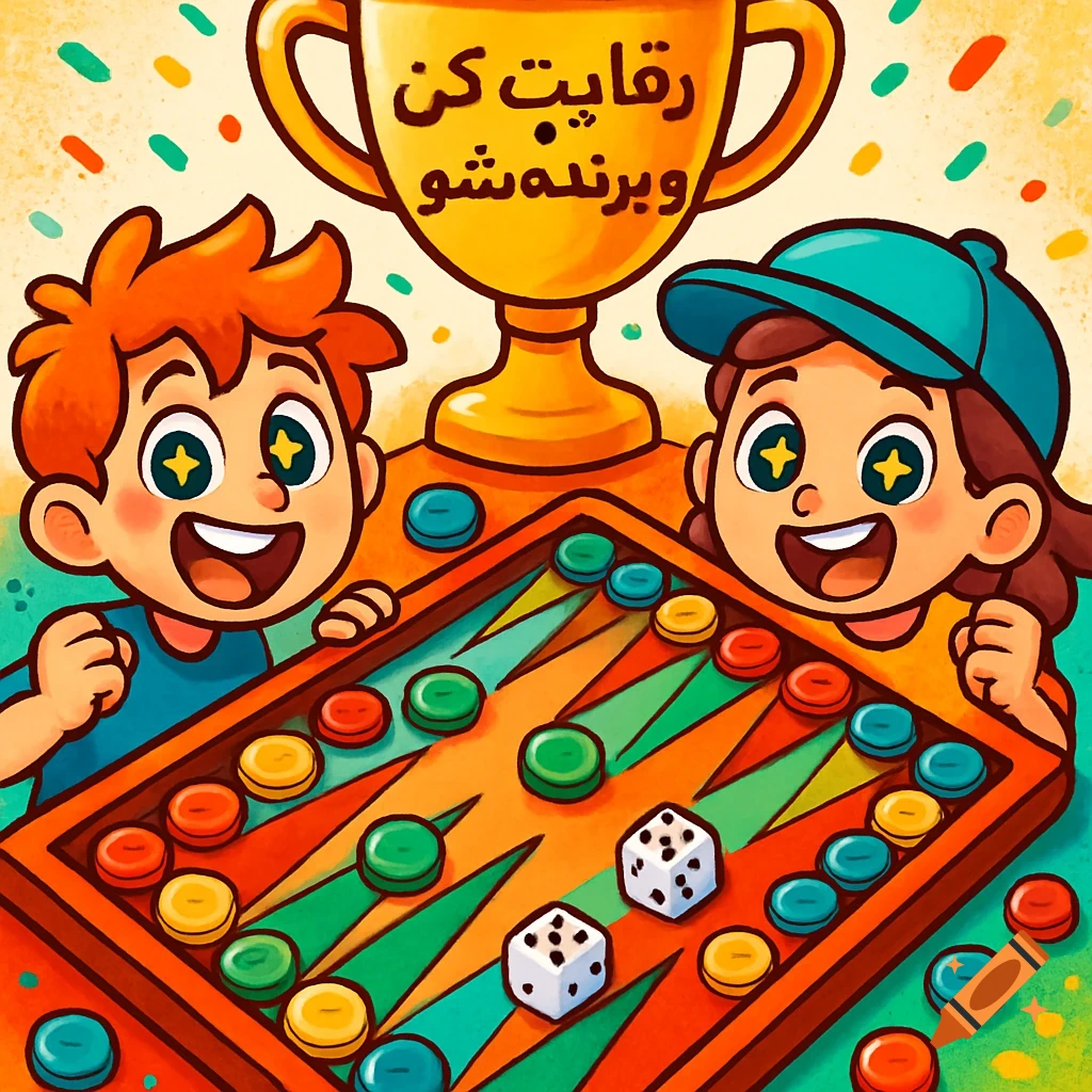 Bright cartoon illustration of two cheerful children cheering next to a backgammon board with a golden trophy above.