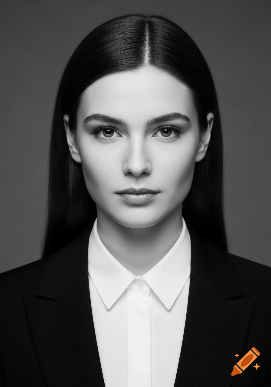 Black-and-white studio portrait of a woman with long dark hair, wearing a white shirt and black blazer, looking calmly at the camera.
