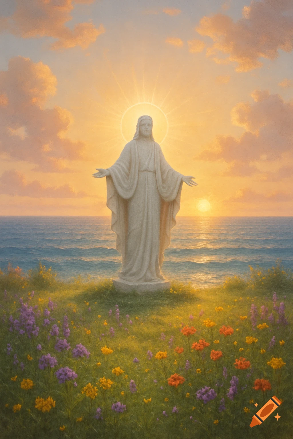 A radiant statue of Jesus Christ with open arms, overlooking a flower-filled meadow and ocean at sunset.