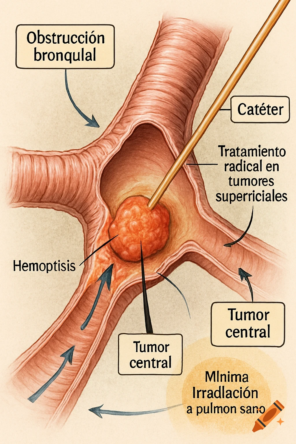Medical illustration showing a cross-section of a bronchus with a central tumor, a catheter, and labeled indications for brachytherapy.