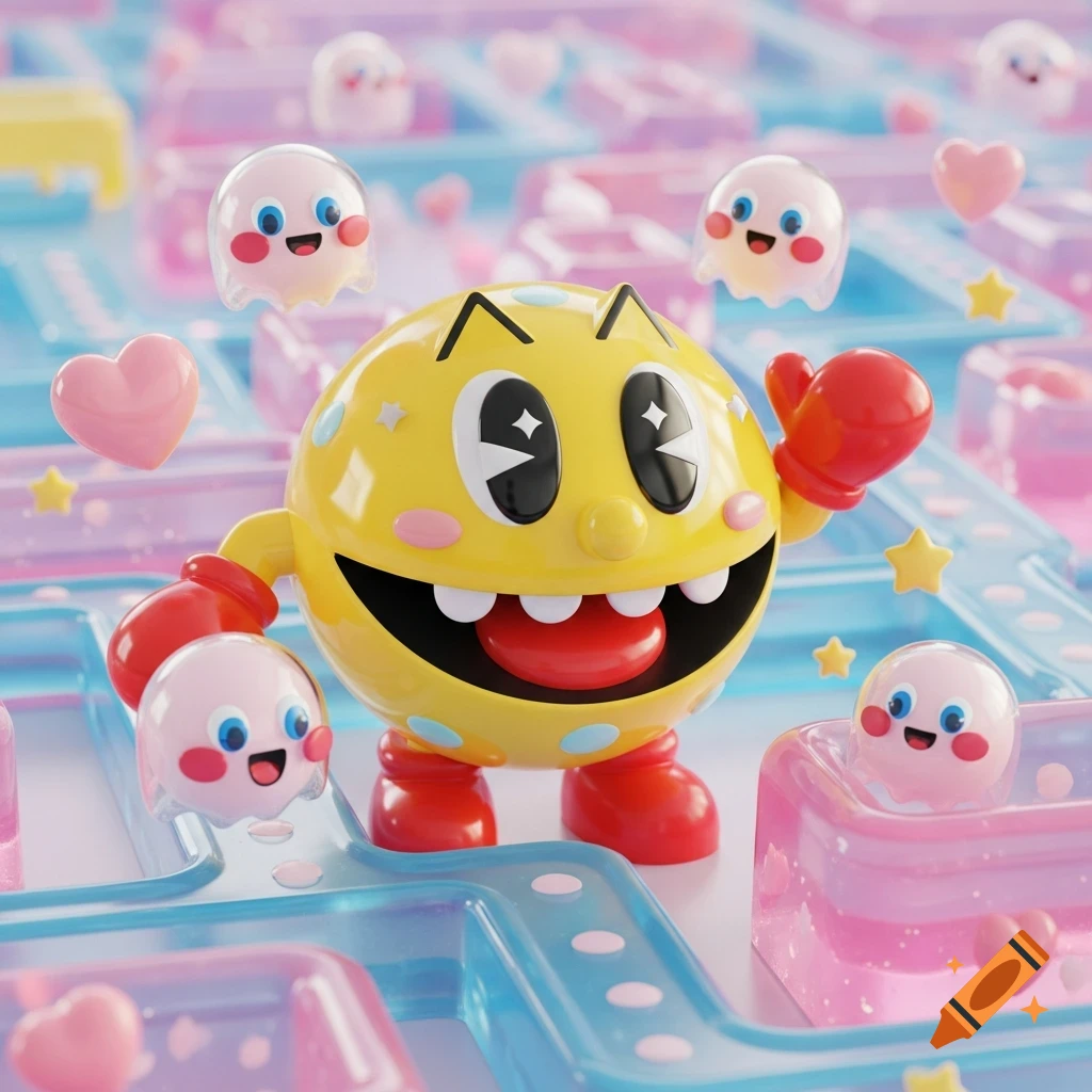 A cheerful, 3D kawaii Pac-Man character with red gloves and boots stands in a pastel pink and blue maze, surrounded by smiling white ghosts, pink hearts, and yellow stars.