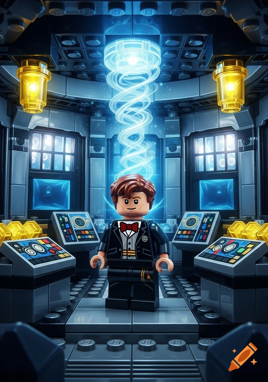 A Lego minifigure resembling Doctor Who, wearing a bow tie and jacket, stands in a glowing sci-fi control room with intricate panels.